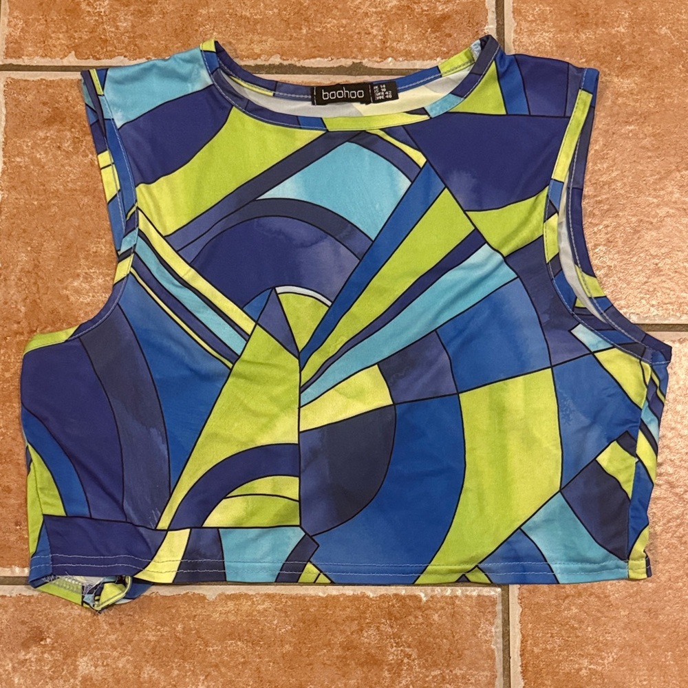 Boohoo Vibrant Blue and Lime Geometric Muscle Tee